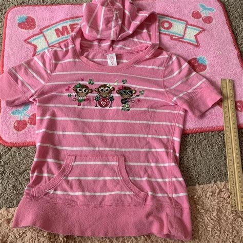y2k Justice pink and white striped hooded shirt with... - Depop