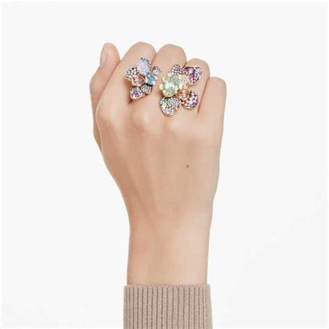 Idyllia ring, Mixed cuts, Pavé, Flower, Multicolored, Gold-tone plated