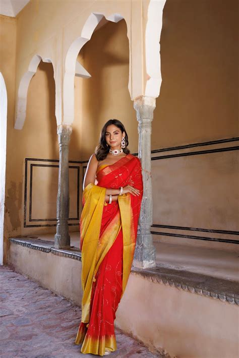 Yellow-red shaded silk banarasi hand embroidered saree – Geroo Jaipur