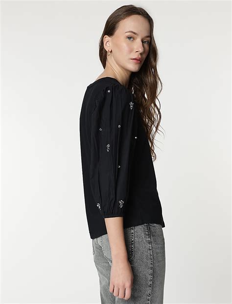 Buy Cotton Rich Embellished 3/4 Sleeves Top at Marks & Spencer
