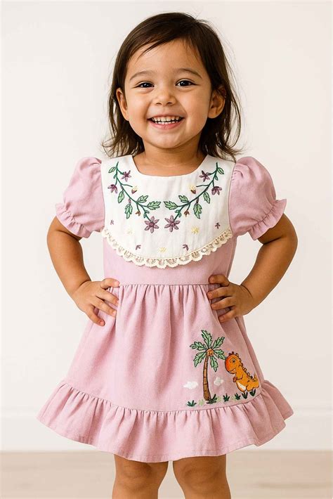 Pink Embroidered Cotton Frock With Puff Sleeves For Girls – Lagorii Kids