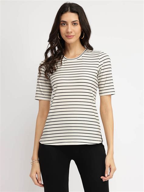 Striped Round Neck T-Shirt - Black and White