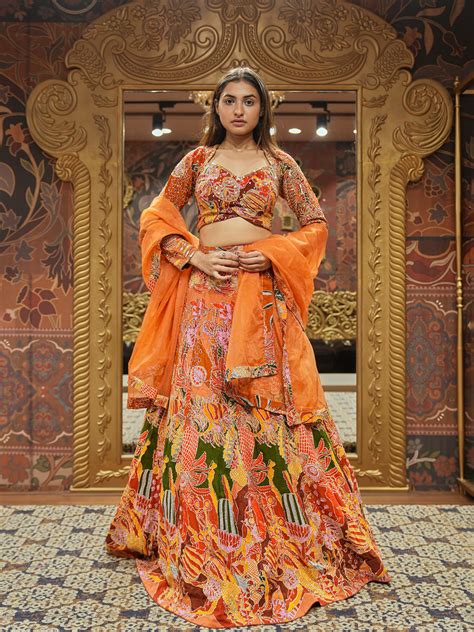 Radiant Tangerine Crepe Printed Lehenga Choli Set – Tirumala Designers