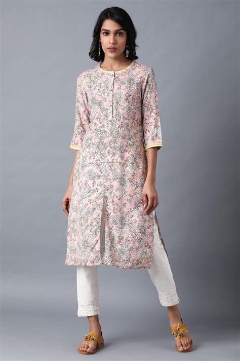 Buy Blush Pink Round Neck Floral kurta Online for Woman | WforWoman