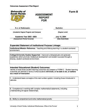 Fillable Online Outcomes Assessment Plan/Report Form B ASSESSMENT ...