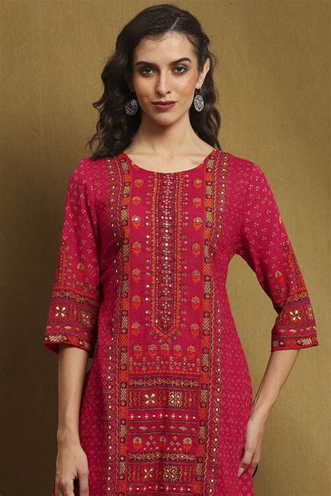Fuchsia Cotton Printed A-Line Kurta Set at Biba India