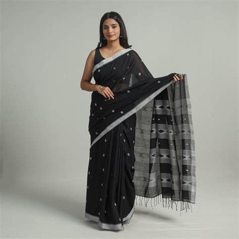 Black Handloom Cotton Phulia Jamdani Saree with Tassels