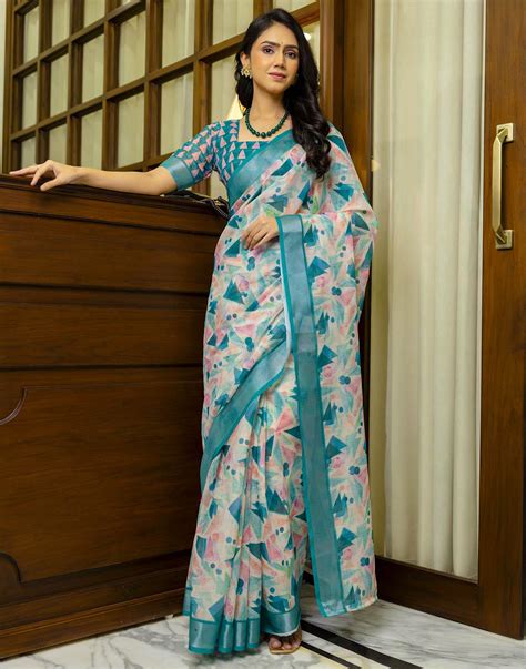 Ready To Wear Off White Linen Printed Saree – Sudathi