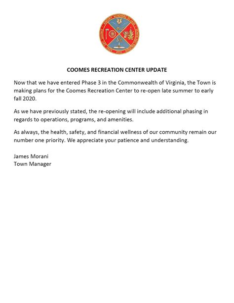 Town of Abingdon, Virginia : Coomes Recreation Center Update 7-1-2020