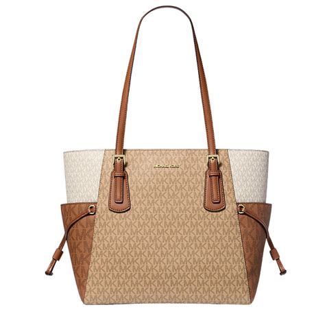 Michael Kors Voyager Large Color-Block Signature Logo Tote Bag Camel M ...