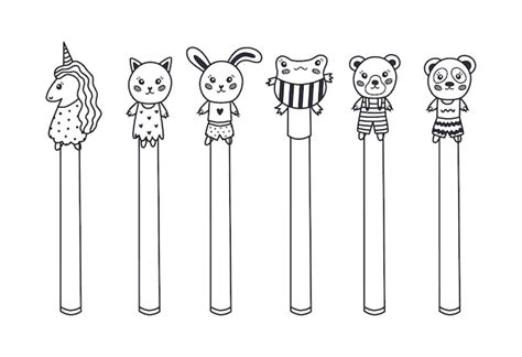 Kawaii doodle pens with animal heads of unicorn frog cat rabbit bear ...