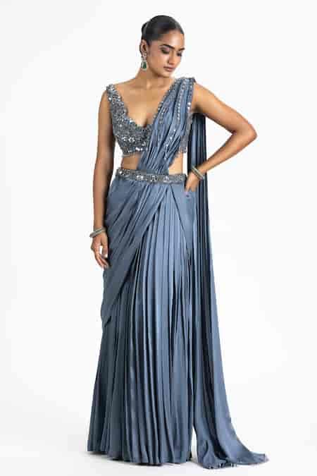 Buy Grey Satin, Organza Mirrors, Beads V-neck Work Pre-draped Saree ...