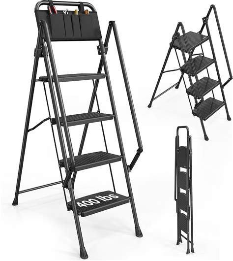 BaytoCare 4 Step Ladder with Handrails and Tool Bag, Folding ...