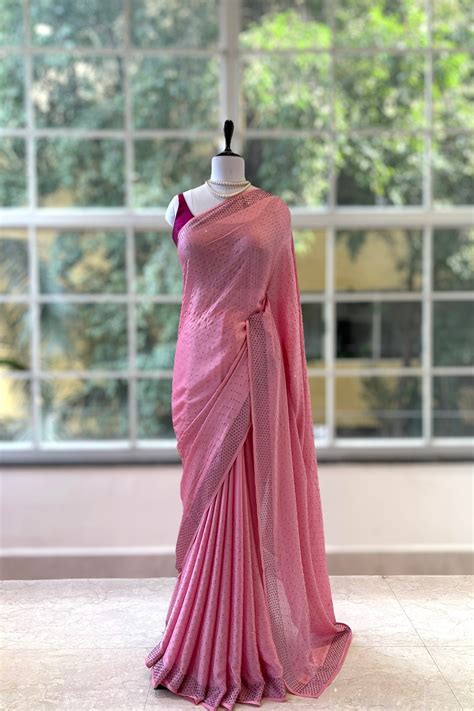 Pink swarovski satin saree – D tales