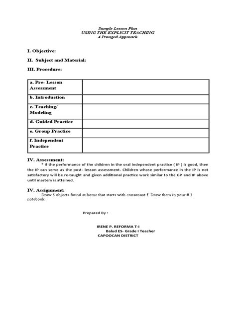 Image result for Sample Lesson Plan of Explicit Teaching