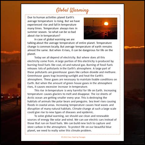 Global Warming Reading Comprehension Passage and Questions | Printable ...