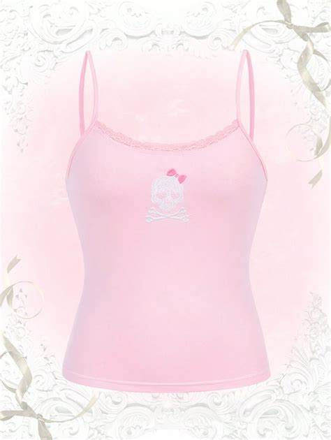 ROMWE Kawaii Skull Print Contrast Lace Cami Top | SHEIN USA