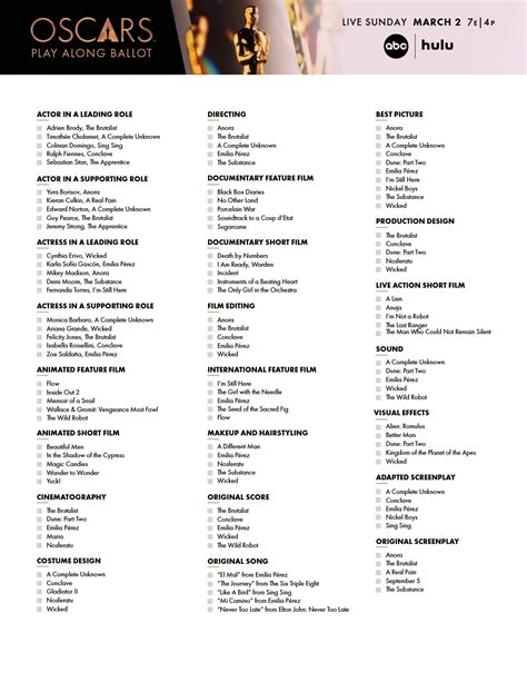 Oscars Printable Ballot - UK Printable Hub
