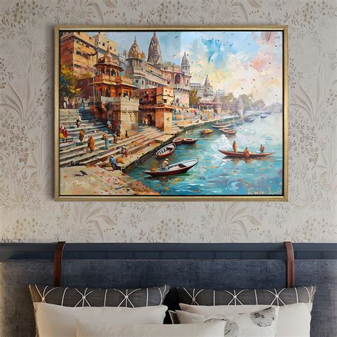 Banaras Ghats Painting Wall Art – Varanasi Riverfront with Golden Floa ...