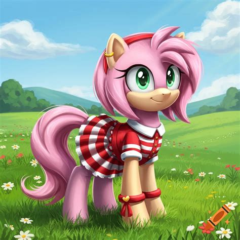 A pink My Little Pony character inspired by Amy Rose stands in a grassy ...