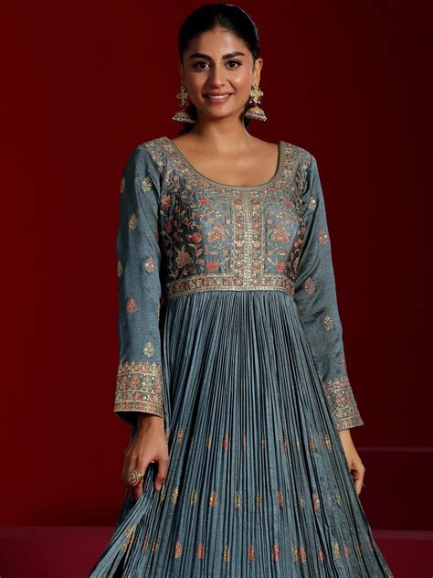 Buy Libas Art Blue Embroidered Silk Blend A-Line Kurta With Trousers ...