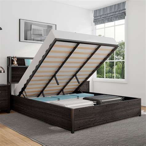 Amazon.com: Harper & Bright Designs Queen Size Bed with Storage Underneath, Wood Lift Up Storage ...