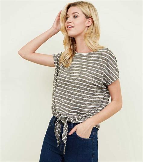 Green Stripe Fine Knit Tie Front Top | New Look