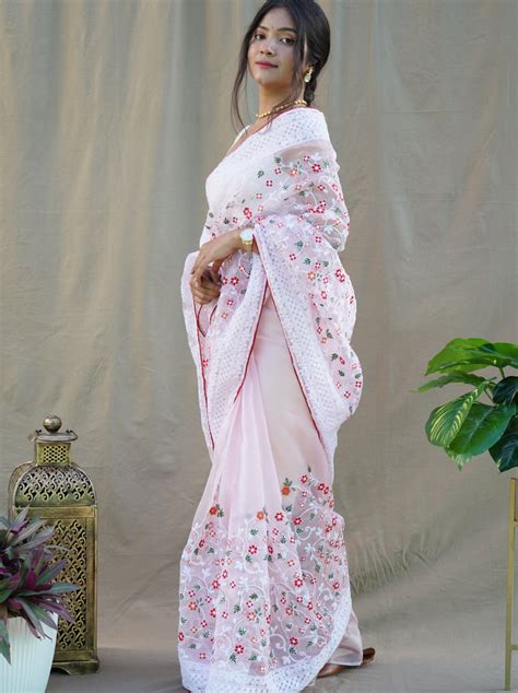 Lucknowi Chikankari Light Pink Organza Silk Saree – Organza Mall