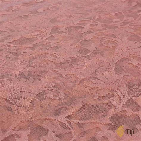 Coral Peach Pure Kora Silk Net Banarasi Handloom Saree - Tilfi