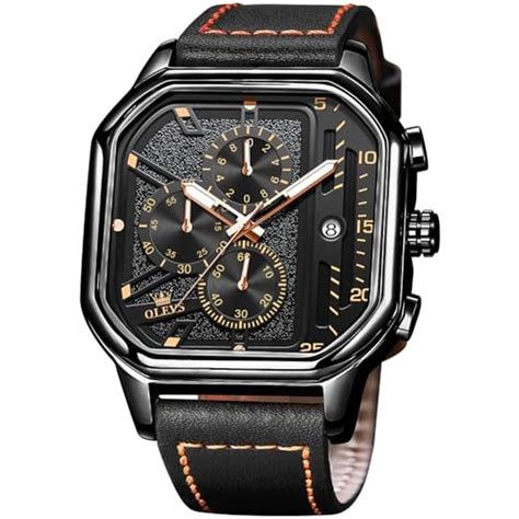 OLEVS Black Leather Watches for Men Square Classic Drees Chronograph M ...