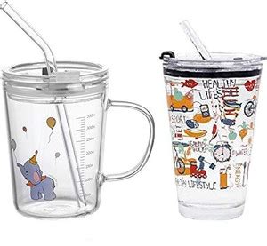 Lexiwells India Glass Tumblers with Lid and Straw Combo, (400ml, 350ml ...