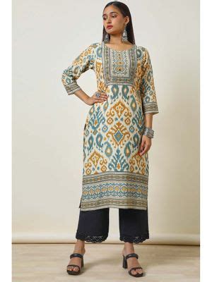 Buy Soch Women Multi-Color Linen Blend Abstract Print Kurta with Mirror ...