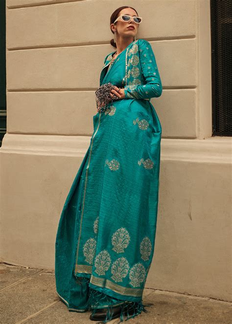 Dark Cyan Green Zari Handloom Woven Satin Silk Saree - Cloth
