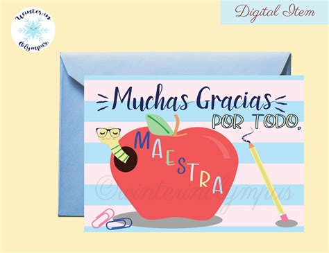 Spanish Teacher Thank You Card Printable With Apple//digital - Etsy