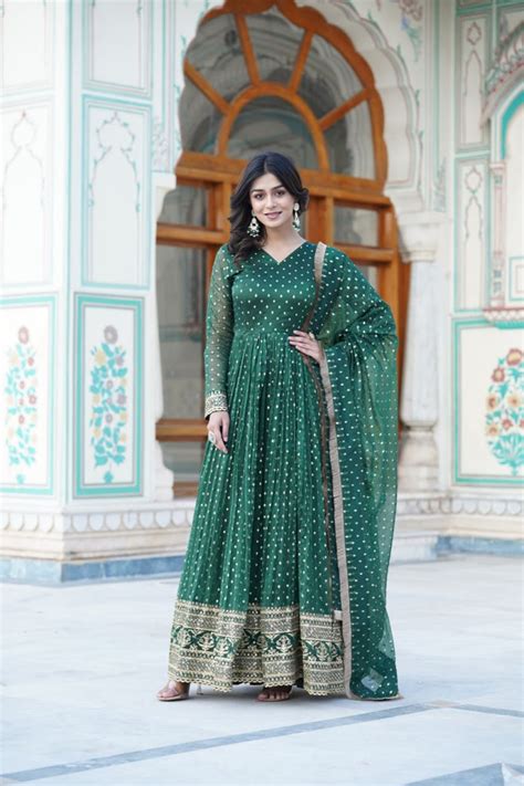 Green Nylon Jacquard Readymade Gown with Dupatta Set - Embro