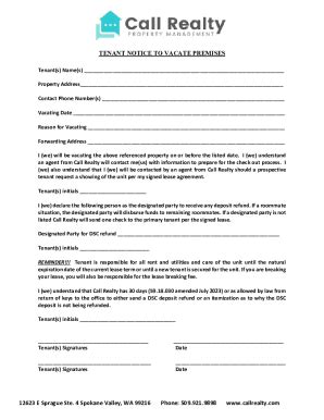 Fillable Online TENANT NOTICE TO VACATE PREMISES Fax Email Print ...
