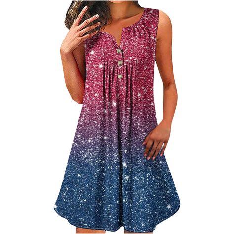 Elvqul Dresses Women Knee Length Midi Sleeveless Print Red Summer Under ...