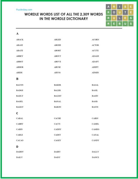 Downloadable Wordle Word List |PDF| Alphabetical Wordle Word List ...