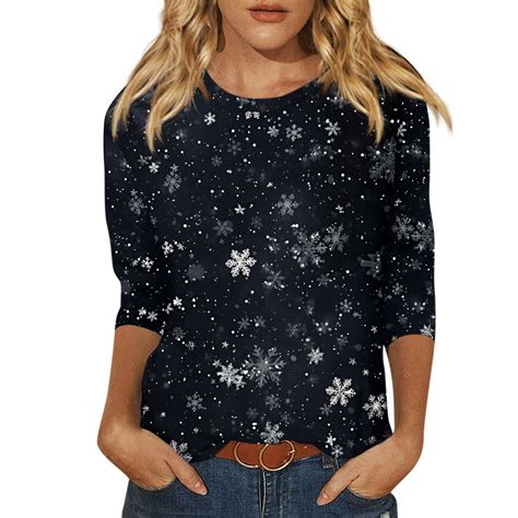Womens Christmas Clothes 3/4 Length Sleeve Womens Tops Holiday Tee ...