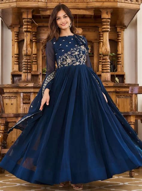 Elegant Navy Blue Embroidered Anarkali Gown with Side Drape – Glamgait