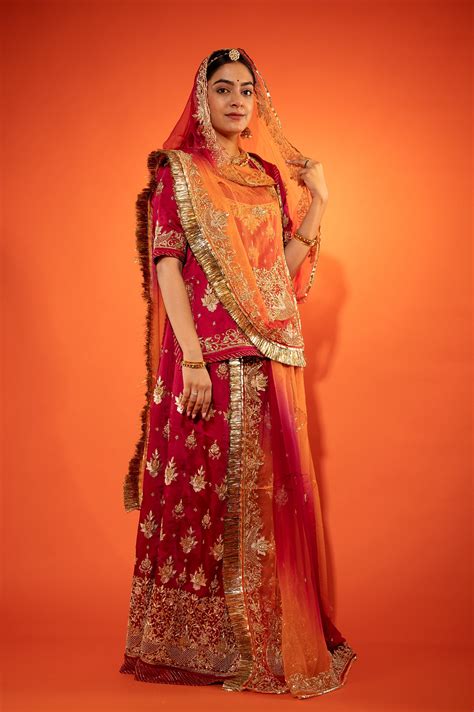 Burgundy Bamber Satin zardozi handwork rajputi Poshak with pure odhna