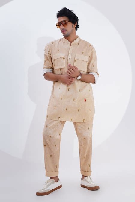 Buy Beige Linen Printed Lobster Kurta With Pant For Men by Jajaabor ...