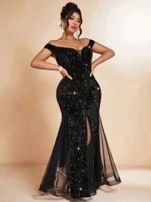 Allurite Plus Size Women's Solid Color Sequined Off Shoulder Short ...