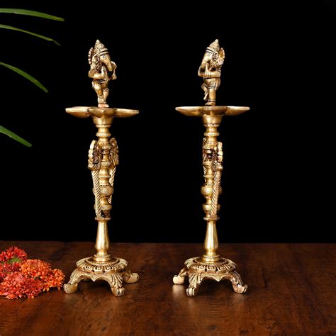 Brass Dancing Ganesha Five Petal Lamp Pair (12 Inch) – Vedansh Craft