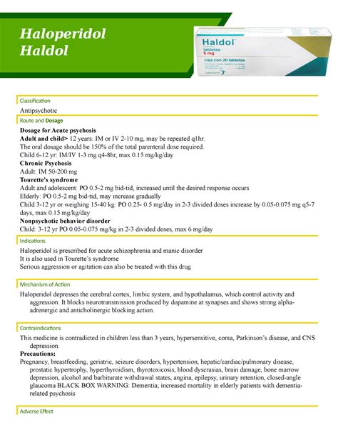Drug Study - Haloperidol Haldol Classification Antipsychotic Route and Dosage Dosage for Acute ...