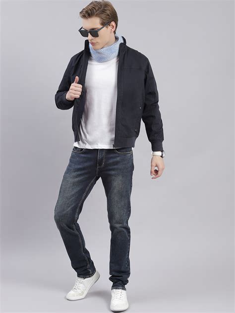 Buy Men Navy Blue Solid Stand Collar Full Sleeve Jackets Online in ...