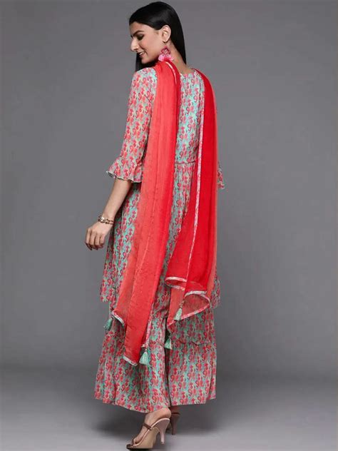 Buy Sea Green Printed Georgette A-Line Kurta With Sharara & Dupatta ...