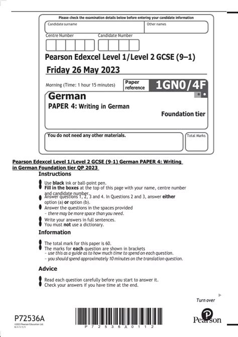 Pearson Edexcel Level 1/Level 2 GCSE (9–1) German PAPER 4: Writing in ...