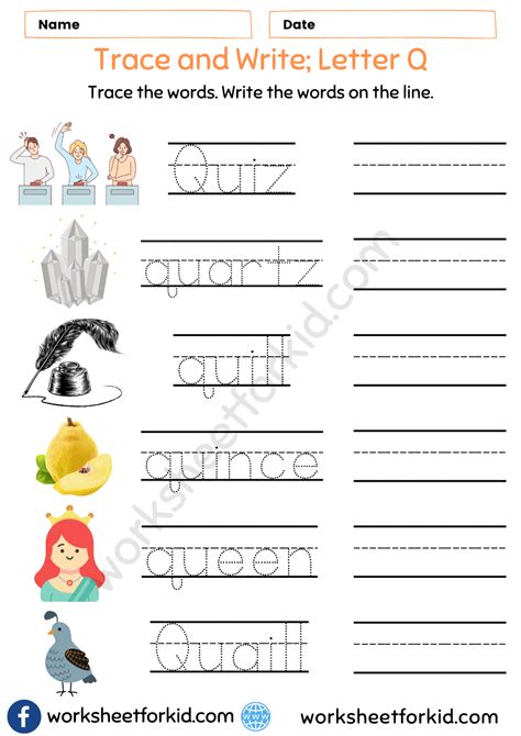 Trace and Write Words Worksheet-Letter Q - WorksheetForKid