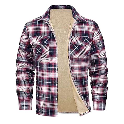 Mens Flannel Shirt Jackets Casual Plaid Long Sleeve Sherpa Lined Thick ...